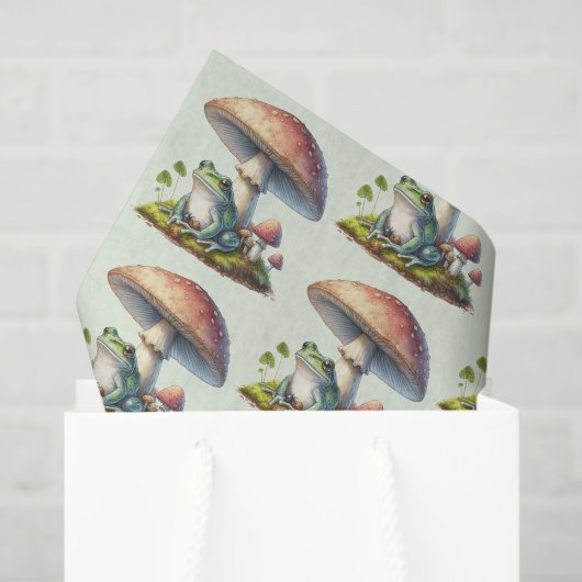 Papier Mousseline Frog Under a Mushroom Cute Nature Pattern (Sac cadeau)