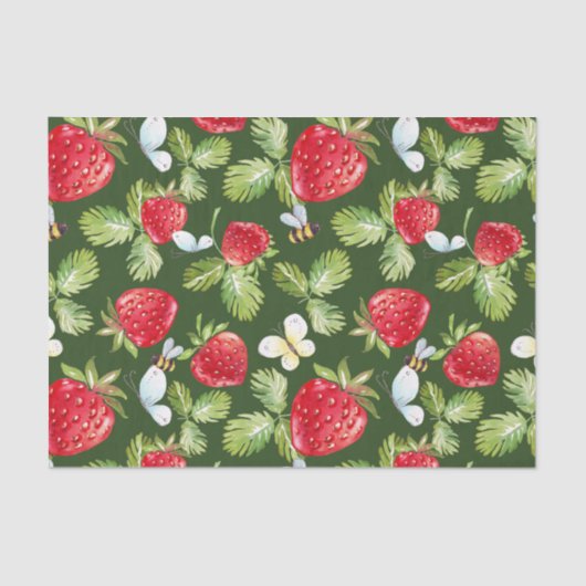 Papier Mousseline Fruits de fraises, Feuilles et abeilles de miel (Recto)