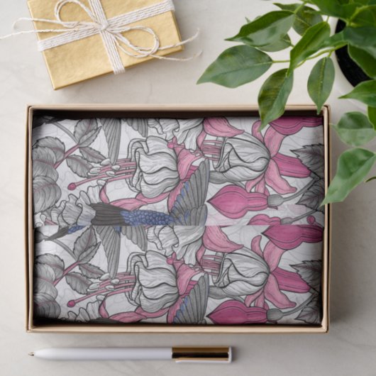 Papier Mousseline Fuchsia et colibris blancs (Cadeau)