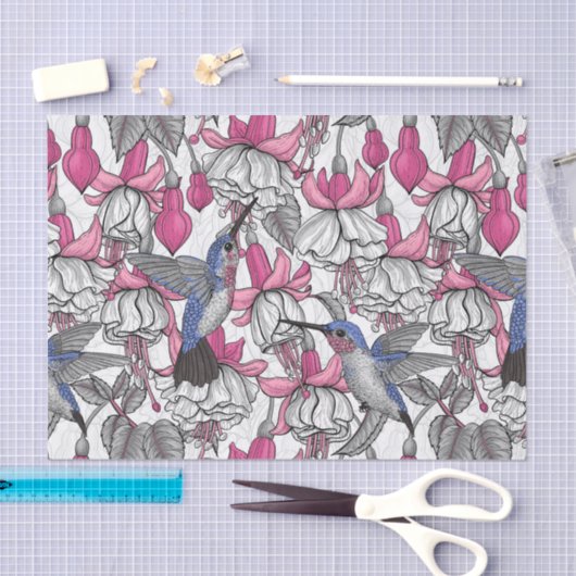 Papier Mousseline Fuchsia et colibris blancs (Artisanat)