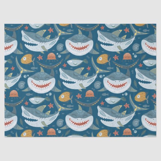Papier Mousseline Funny Happy Shark Blue Ocean Animal Motif (Recto)