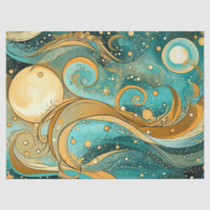 Papier Mousseline Galaxie Orange et Aqua avec étoiles de lune et tor
