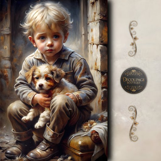 Papier Mousseline Garçon avec chiot rustique déroupage Vintage