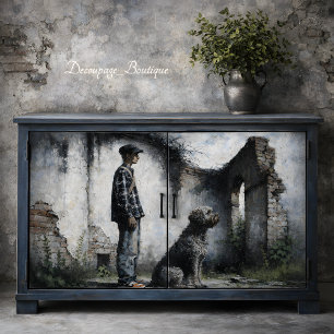 Papier Mousseline Garçon et chien loyal dans les ruines bleu gris dé