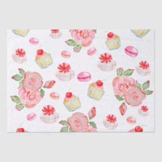 Papier Mousseline Gâteaux sucrés et roses en aquarelle