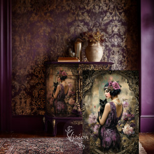 Papier Mousseline Gatsby Flapper Lady Chat Découpage Imprimé Vintage