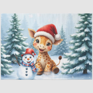 Papier Mousseline Girafe de caricature mignonne avec Santa Hat & Sno