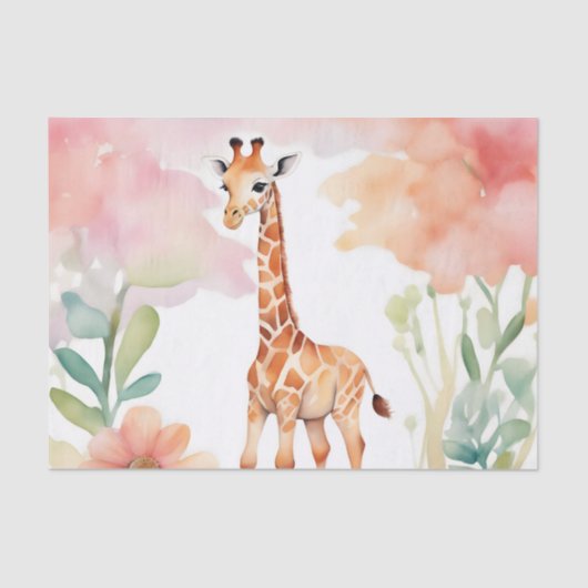 Papier Mousseline Giraffe dans un champ de fleurs aquarelle (Recto)