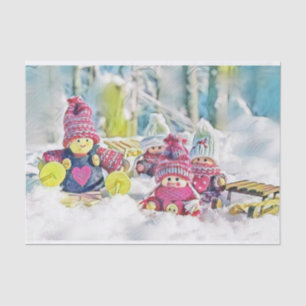 Papier Mousseline Gnomes dans la neige aquarelle peinture vintage