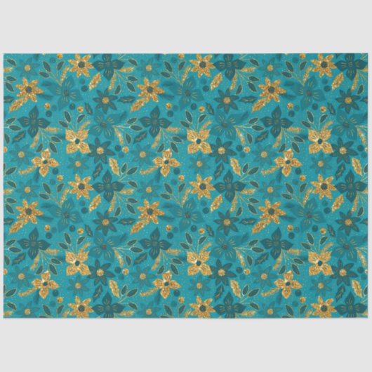 Papier Mousseline Gold and Teal Blue Christmas Poinsettia Flowers (Recto)