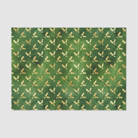 Papier Mousseline Gold Christmas Holly sur Green (Recto)