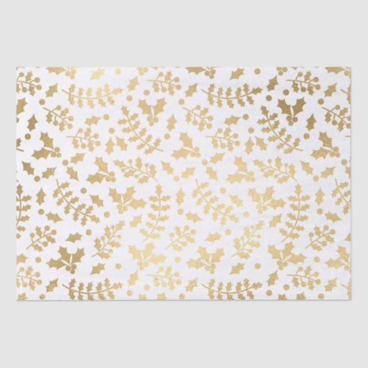 Papier Mousseline Gold Foil & White Holly Noël d'hiver (Recto)