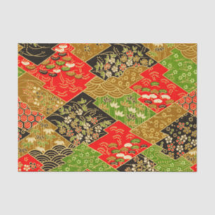 Papier Mousseline Gold Red Green Japonais Kimono Floral Decoupage