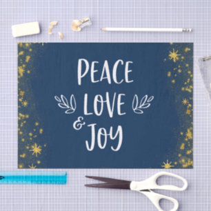 Papier Mousseline Gold Stars Marine Bleu Noël Paix Amour Joie Bold