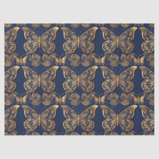 Papier Mousseline Gold sur les papillons bleus Découpage Tissu (Recto)