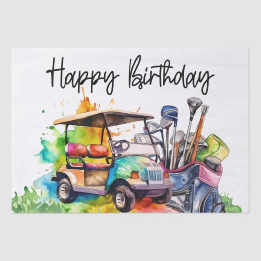 Papier Mousseline Golf Joyeux anniversaire avec voiturette de golf W (Recto)