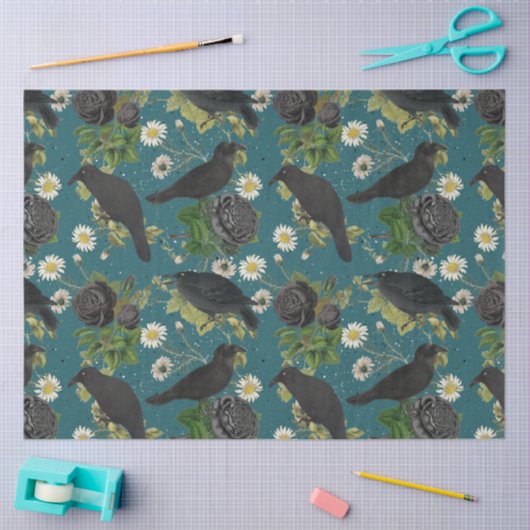 Papier Mousseline Goth Crows et Roses noirs Profond Turquoise Motif (Artisanat)