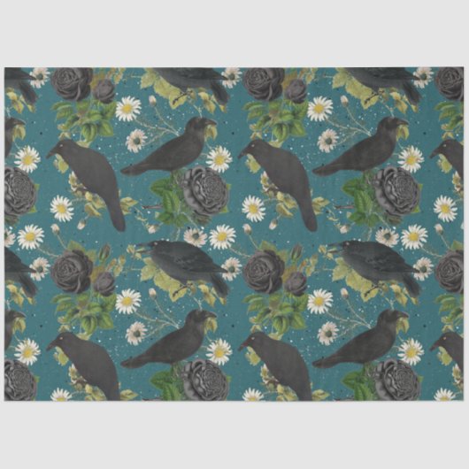 Papier Mousseline Goth Crows et Roses noirs Profond Turquoise Motif (Recto)
