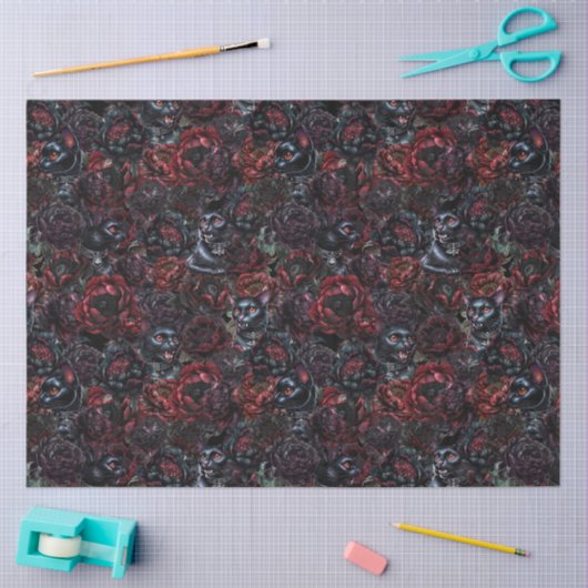 Papier Mousseline Gothic Black Cat & Dark Flowers Pattern  (Artisanat)