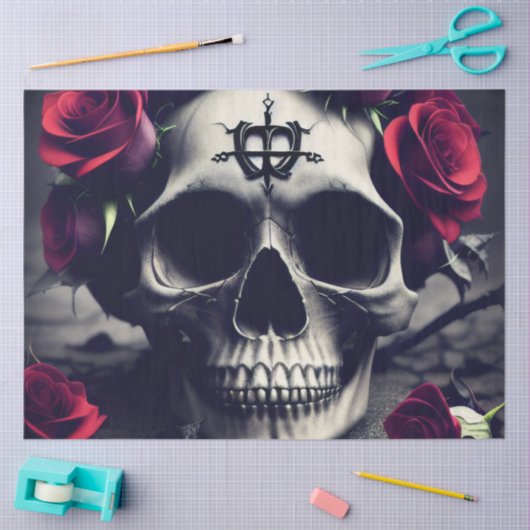 Papier Mousseline Gothique foncé Macabre Rose crâne (Artisanat)
