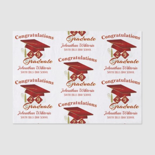 Papier Mousseline Graduation personnalisée Rouge & Or (Recto)