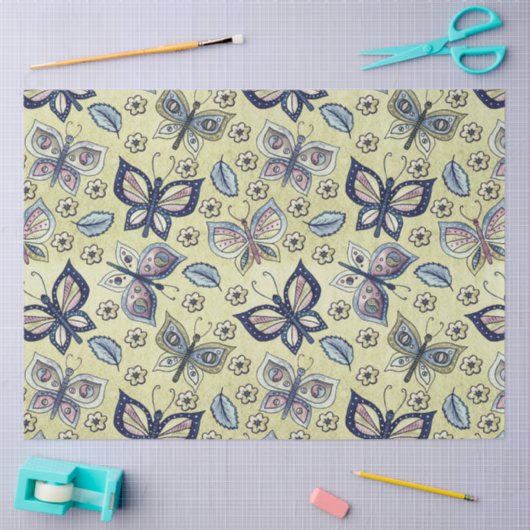 Papier Mousseline Grand Bleu Motif papillon sans voile découpage (Artisanat)