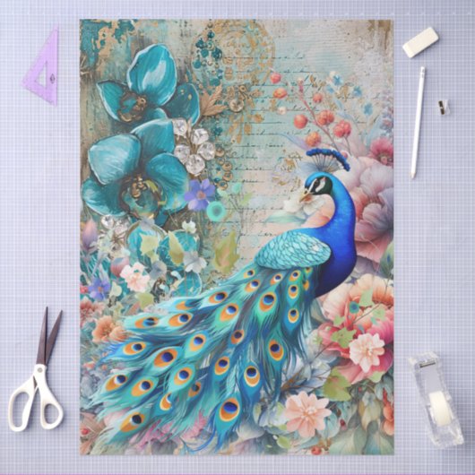 Papier Mousseline Grande Elégante Peacock & Florals Découpage (Artisanat)