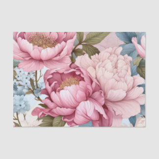 Papier Mousseline Grandes fleurs roses avec du bleu délicat