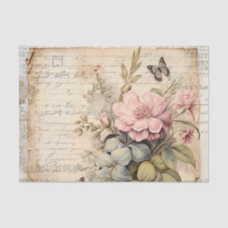 Papier Mousseline Grandes fleurs roses et boutons Script papillon