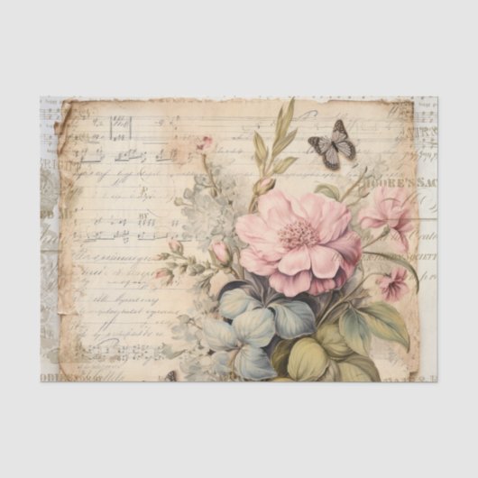 Papier Mousseline Grands Fleurs Roses et Bourgeons Papillon Script (Recto)