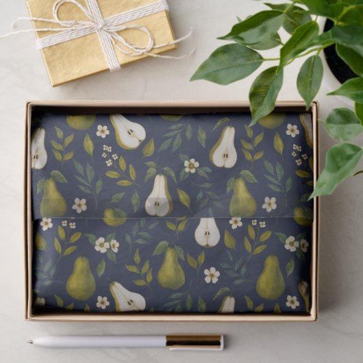 Papier Mousseline Green Pear Watercolor Pattern on Dark Blue  (Cadeau)