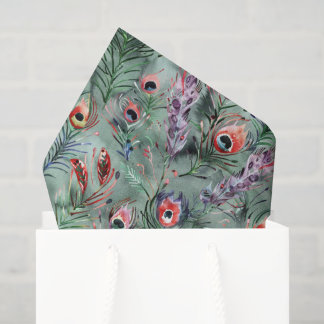 Papier Mousseline Green Red Peacock Feathers