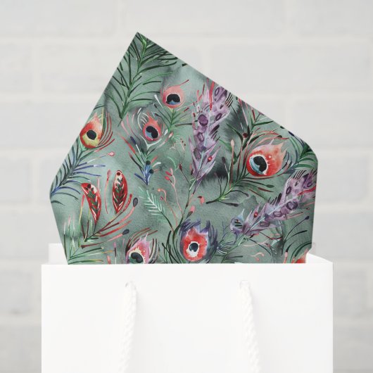 Papier Mousseline Green Red Peacock Feathers (Sac cadeau)