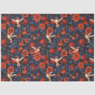 Papier Mousseline Grenade et colibris/feuilles bleus sur noir