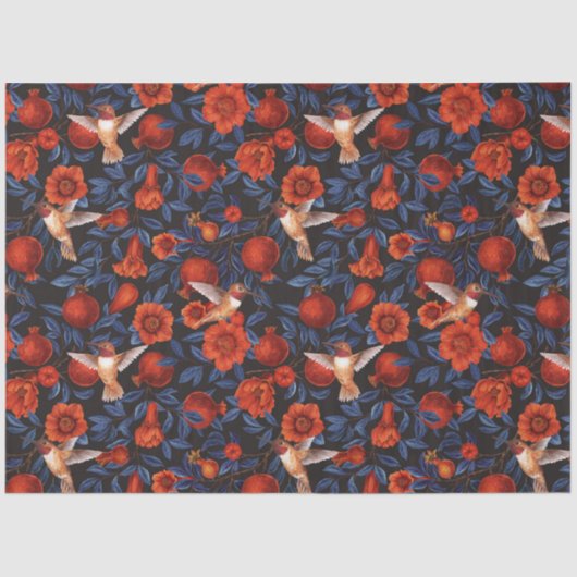 Papier Mousseline Grenade et colibris/feuilles bleus sur noir (Recto)