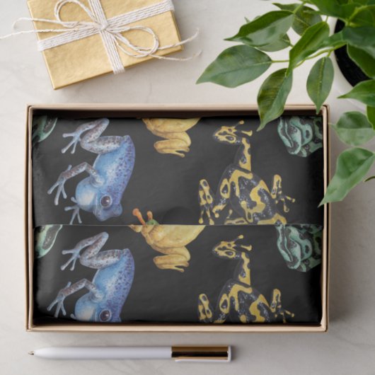 Papier Mousseline Grenouilles sur noir (Cadeau)