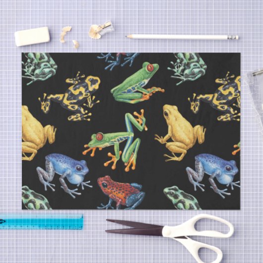 Papier Mousseline Grenouilles sur noir (Artisanat)