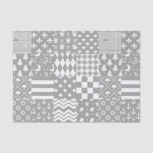 Papier Mousseline Gris Blanc Mixte Motif Patchwork Design