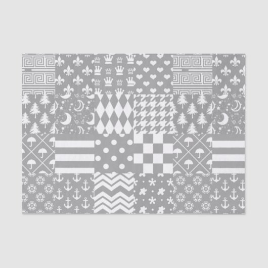Papier Mousseline Gris Blanc Mixte Motif Patchwork Design (Recto)