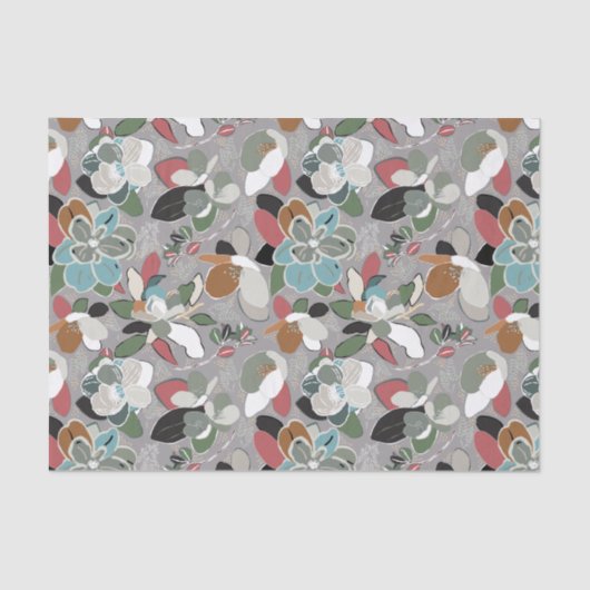 Papier Mousseline Gris Noir Rouge Floral Hiver Magnolia (Recto)