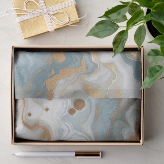 Papier Mousseline Gris Turquoise Bleu  Or Marbre Art Motif (Cadeau)