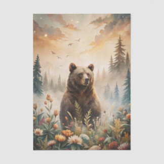 Papier Mousseline Grizzly Bear in a Forest Meadow with Flowers