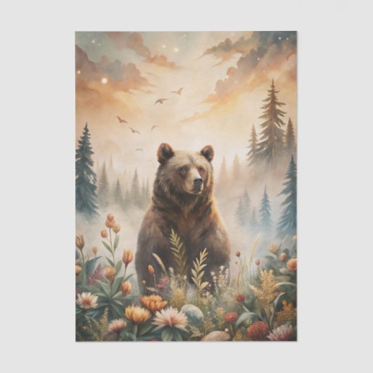 Papier Mousseline Grizzly Bear in a Forest Meadow with Flowers (Recto)