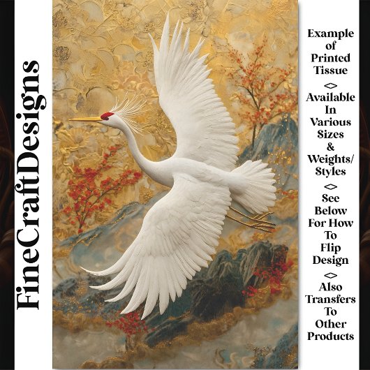 Papier Mousseline Grue brodée et fleurs rouges BW5 Découpage