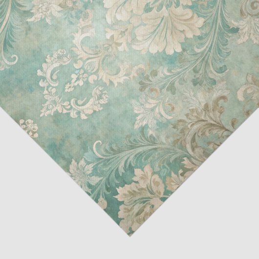 Papier Mousseline Grungy Damask Pattern in Shades of Teal Blues (Détail)
