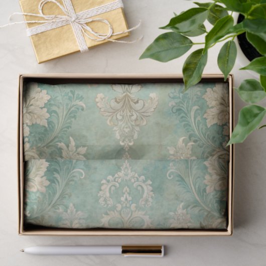 Papier Mousseline Grungy Damask Pattern in Shades of Teal Blues (Cadeau)
