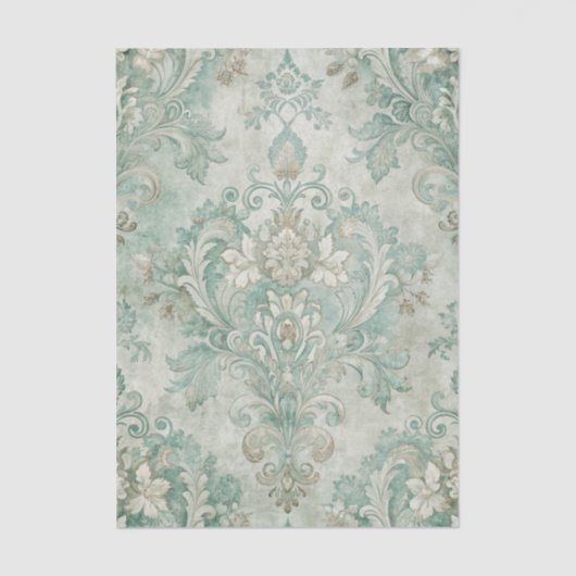 Papier Mousseline Grungy Damask Pattern in Shades of Teal Green (Recto)