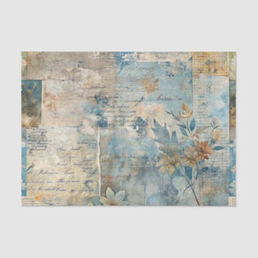 Papier Mousseline Grungy Distressed Blue Floral Ephemera Collage (Recto)