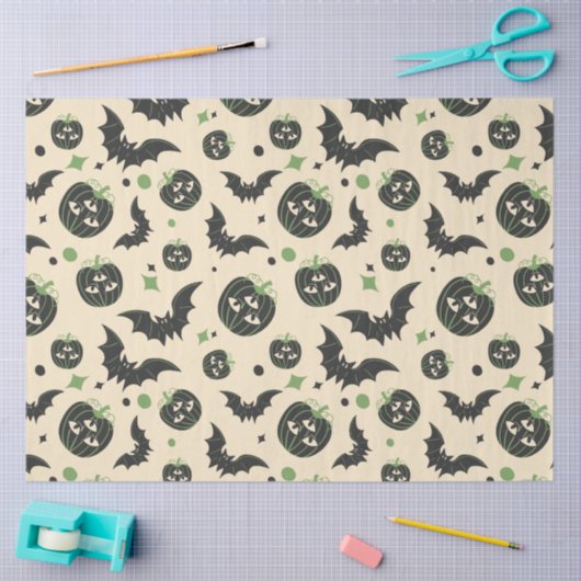Papier Mousseline Halloween moderne 3 Citrouilles et chauves-souris (Artisanat)