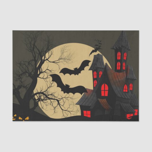 Papier Mousseline Halloween Rouge noir Haunted Maison Pleine lune ch (Recto)